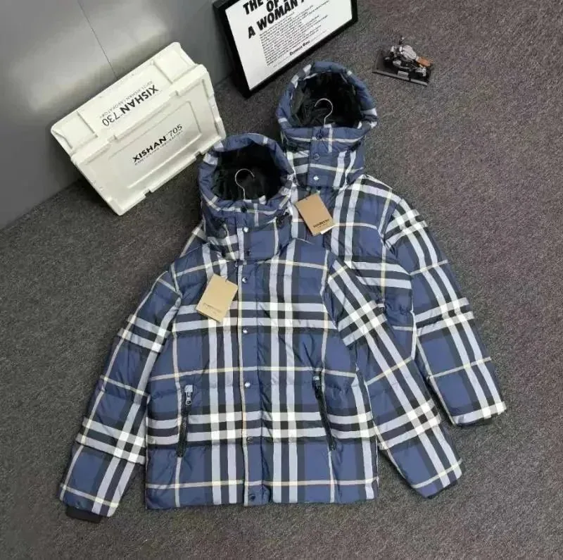 XISHAN 705 Blue Plaid Puffer Jacket with Hood and Zippered Pockets — listing photograph