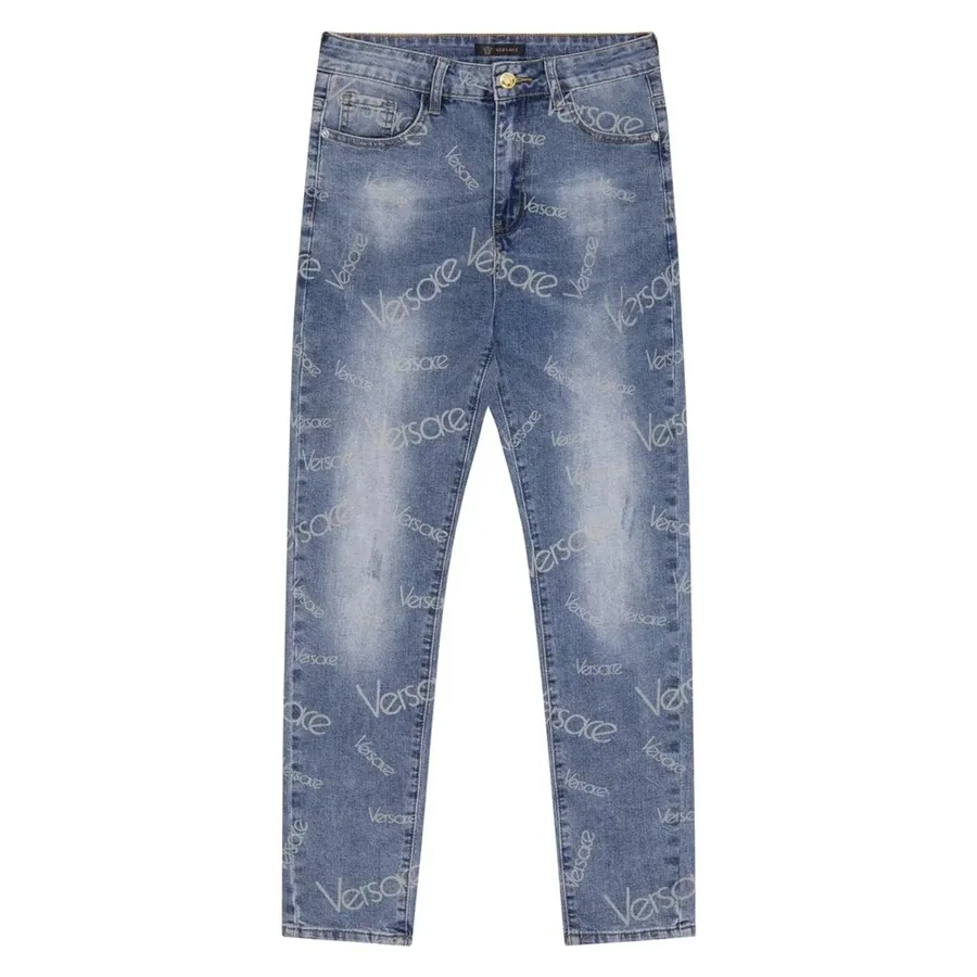 Versace Logo-Print Slim Fit Denim Jeans - Light Blue — listing photograph