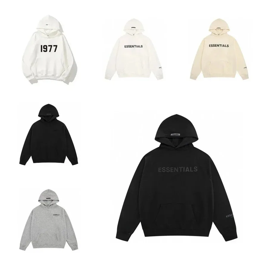 Essentials Fleece Hoodie Black Oversized Logo Print — listing photograph
