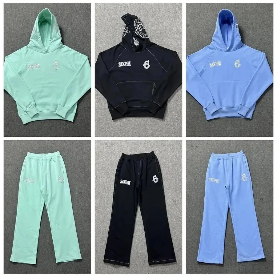 SIXPM Logo Embroidered Hoodie and Jogger Set - Mint Blue Black — listing photograph
