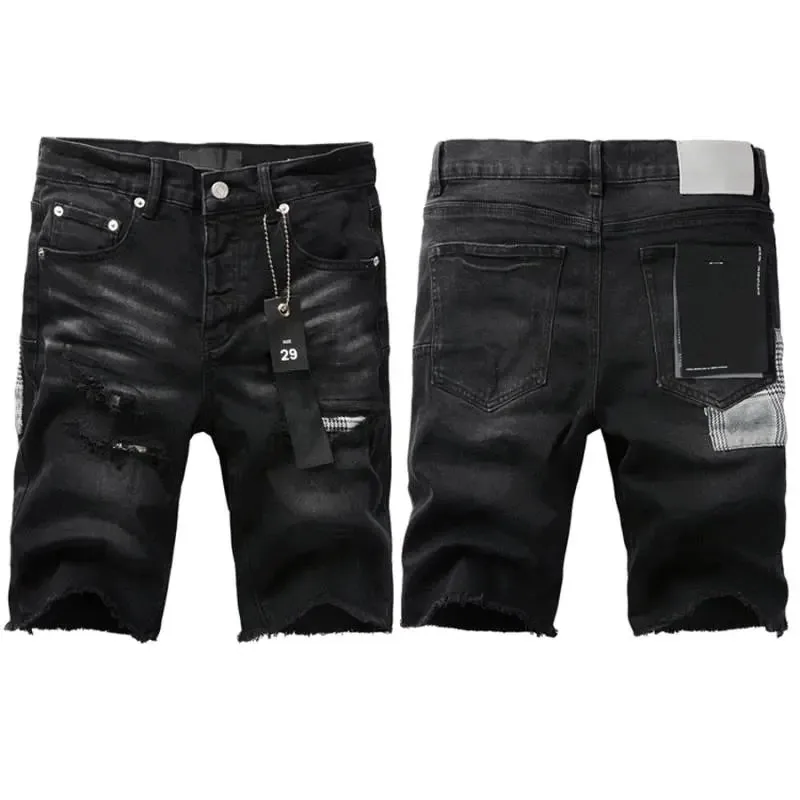 Distressed Black Denim Shorts with Patchwork and Frayed Hem — listing photograph