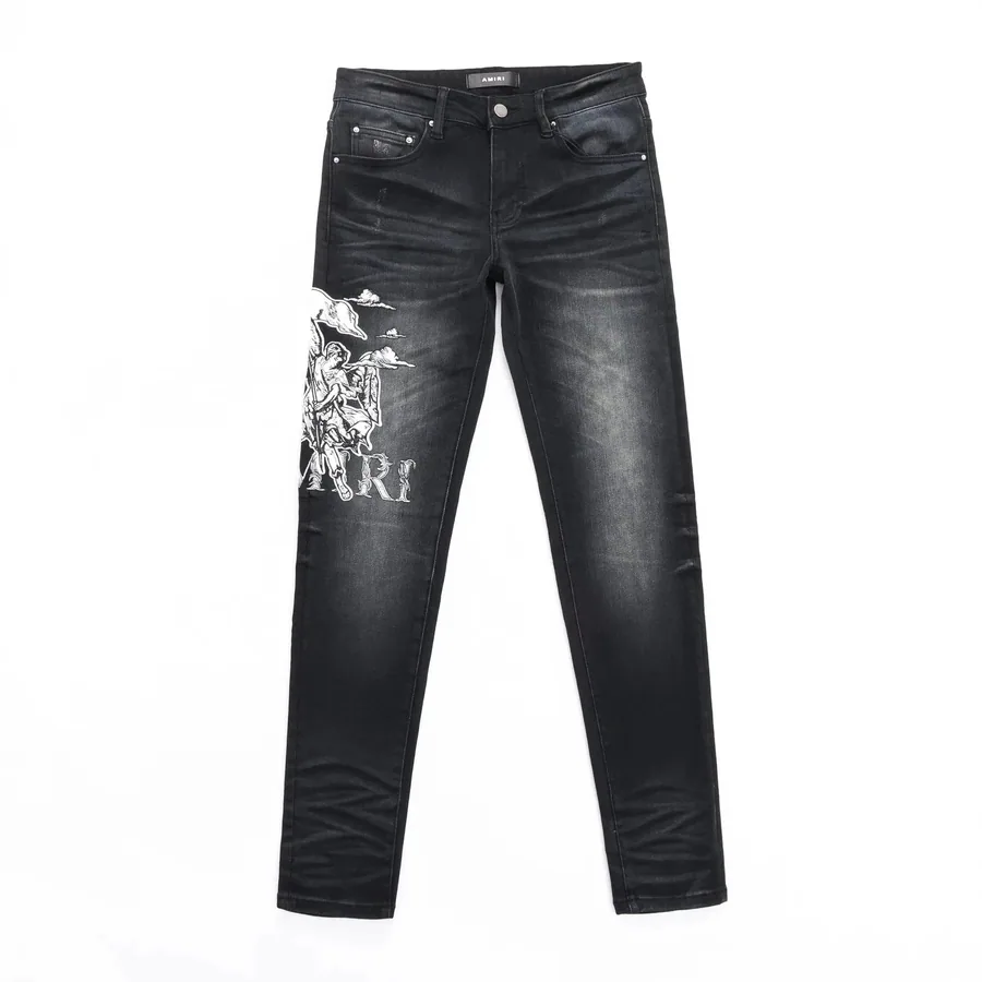 AMIRI Black Distressed Skinny Jeans with Angel Graphic Print — listing photograph
