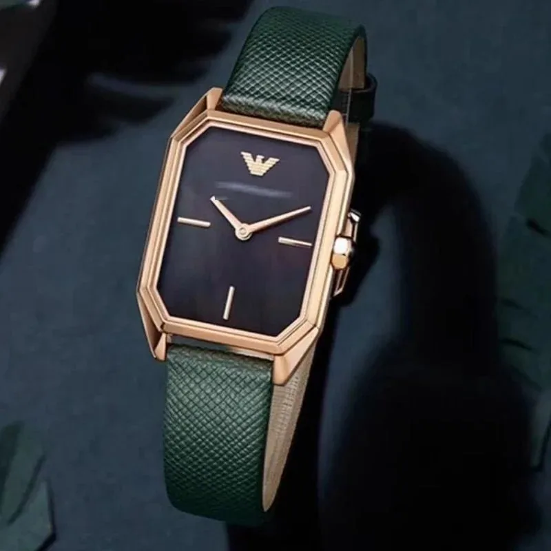 Armani Emporio Octagonal Watch Rose Gold Green Leather Strap — listing photograph