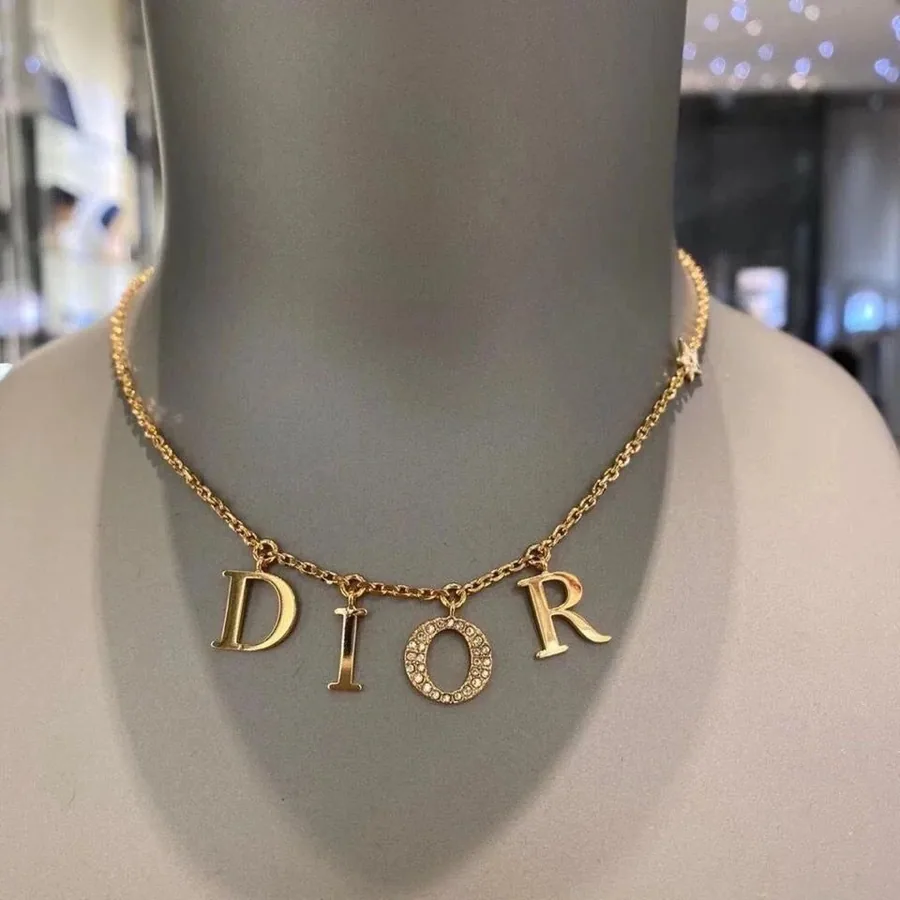 Dior D-I-O-R Letter Pendant Necklace Gold with Crystal 'O' — listing photograph