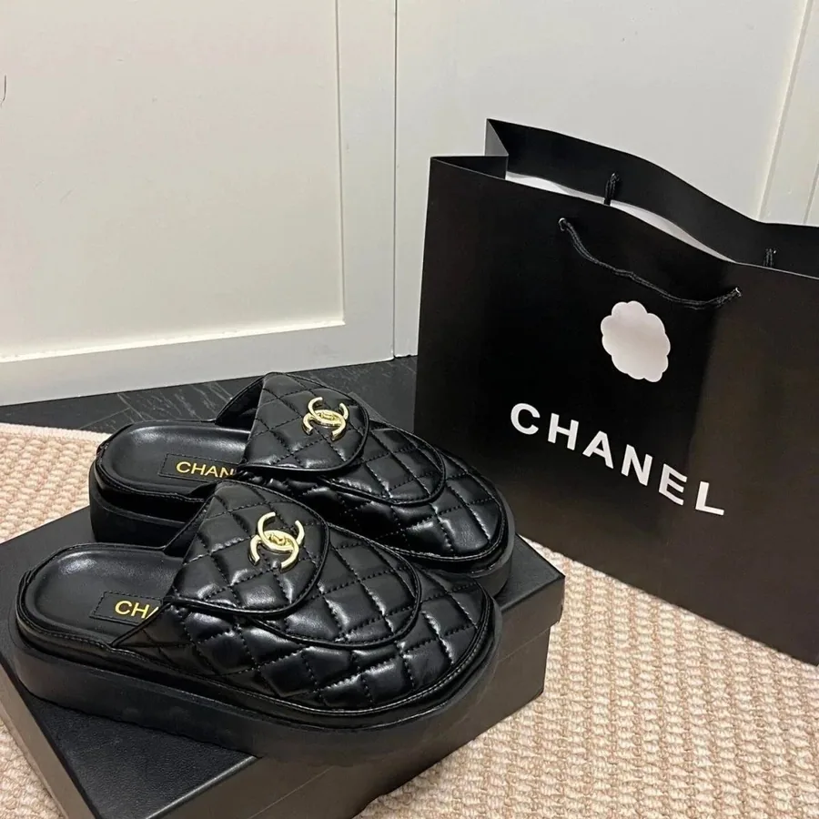 Chanel Quilted Leather CC Logo Platform Slides Black — listing photograph
