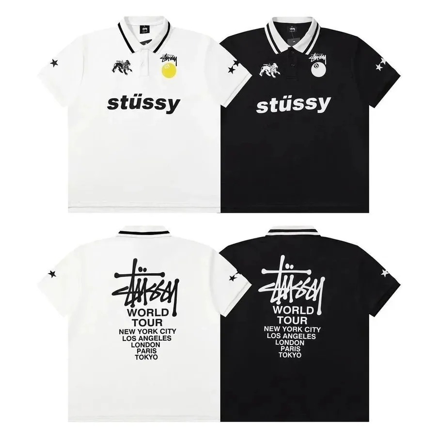 Stüssy World Tour Polo Shirt - White/Black with Lion and 8-Ball Graphics — listing photograph