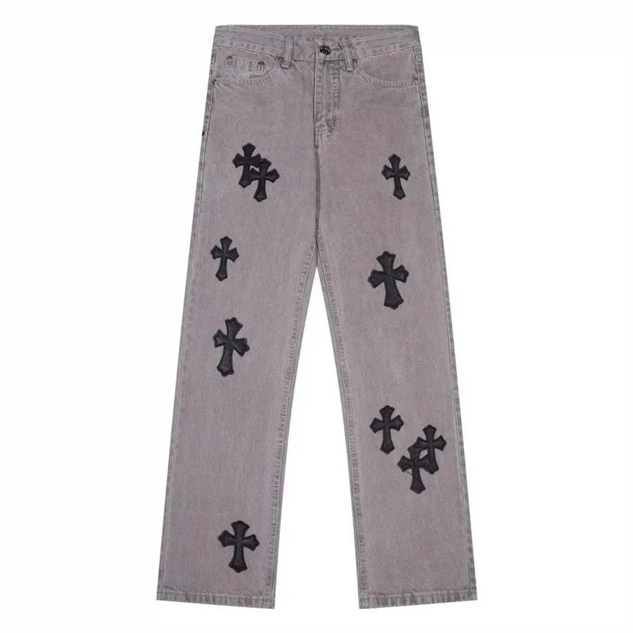 Chrome Hearts Grey Denim Jeans with Black Cross Embroidery — listing photograph