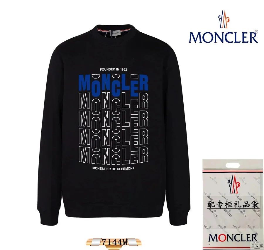 Moncler Black Crewneck Sweater 7144M with Stacked Logo Print — listing photograph