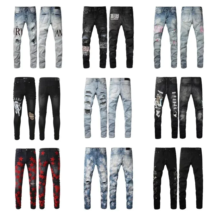Amiri Distressed Ripped Denim Jeans with Star Print and Embroidery — listing photograph