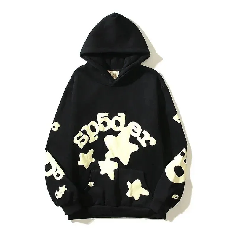 Sp5der Black Hoodie with Cream Star and Logo Print — listing photograph