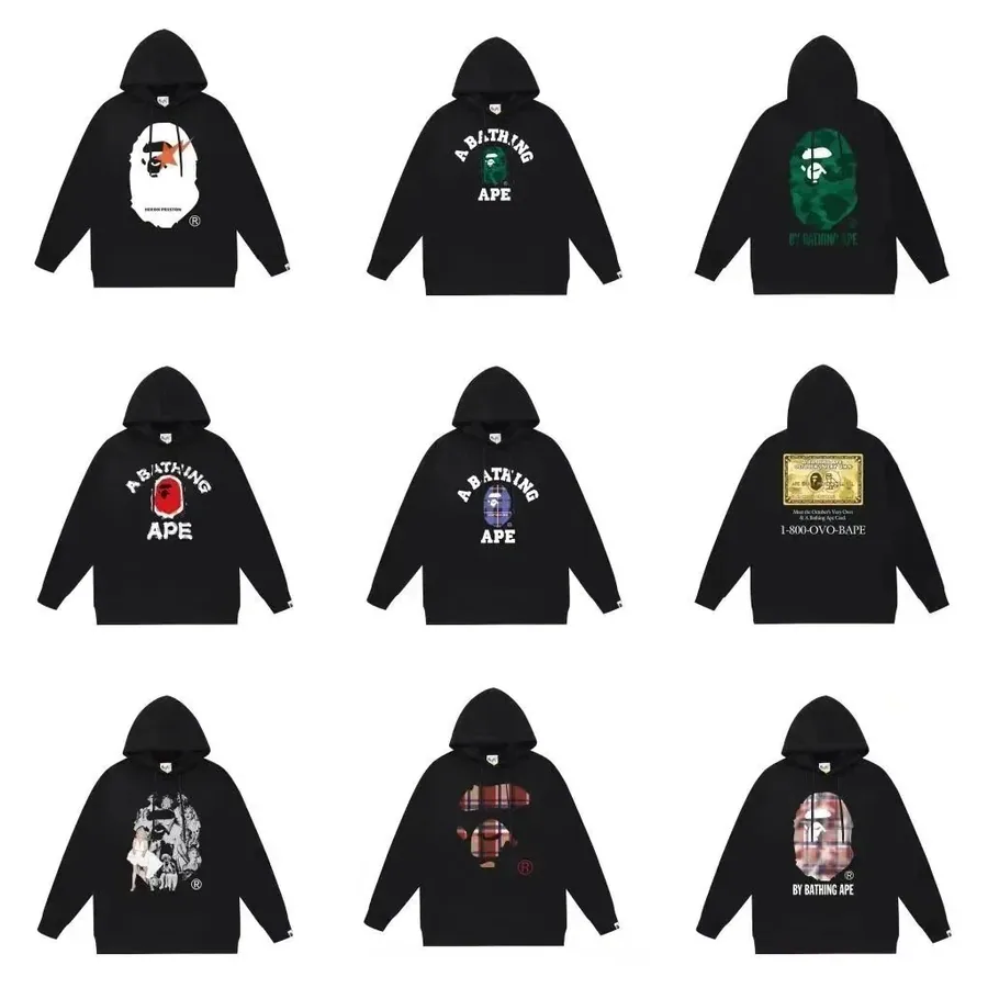 A BATHING APE Black Hoodie with Camo猿人头 Logo — listing photograph