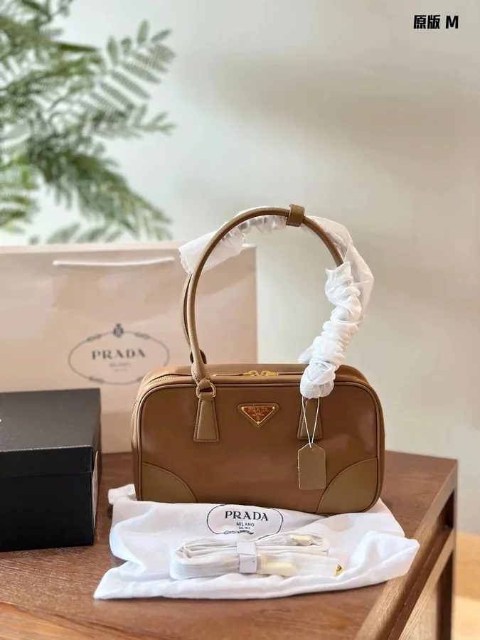 Prada Cahier Mini Top-Handle Bag in Caramel Patent Leather — listing photograph