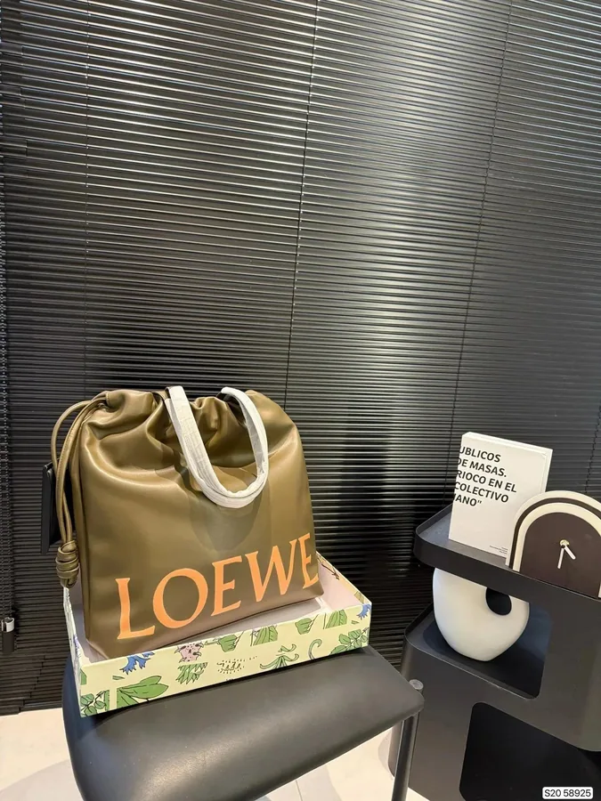 Loewe Large Drawstring Tote Bag in Olive Green with Orange Logo — listing photograph