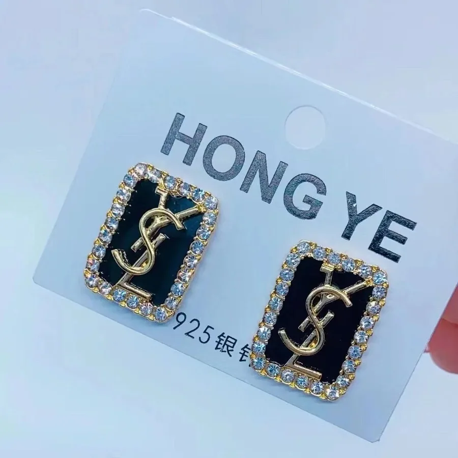 HONG YE YSL Logo Square Earrings Black Enamel Gold 925 Silver — listing photograph