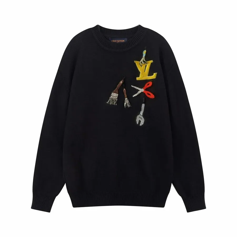 Louis Vuitton Black Knit Sweater with Embellished LV Logo and Tools — listing photograph