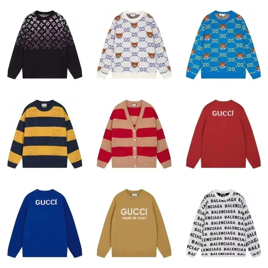 Gucci Bear-Print Knit Sweater in Blue with GG Monogram Pattern — listing photograph