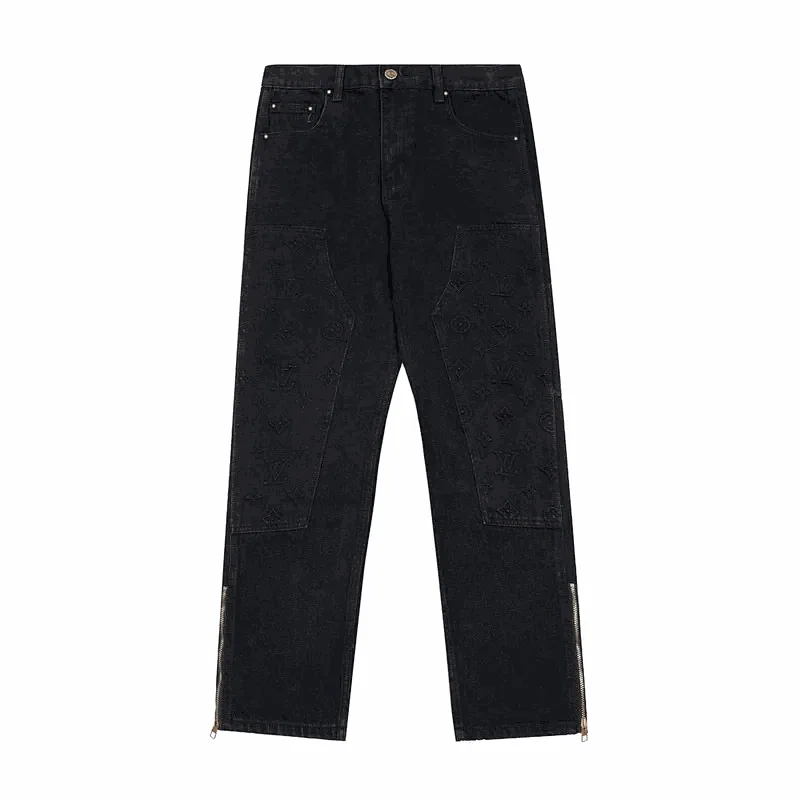 Louis Vuitton Monogram Embossed Black Denim Pants with Zipper Cuffs — listing photograph