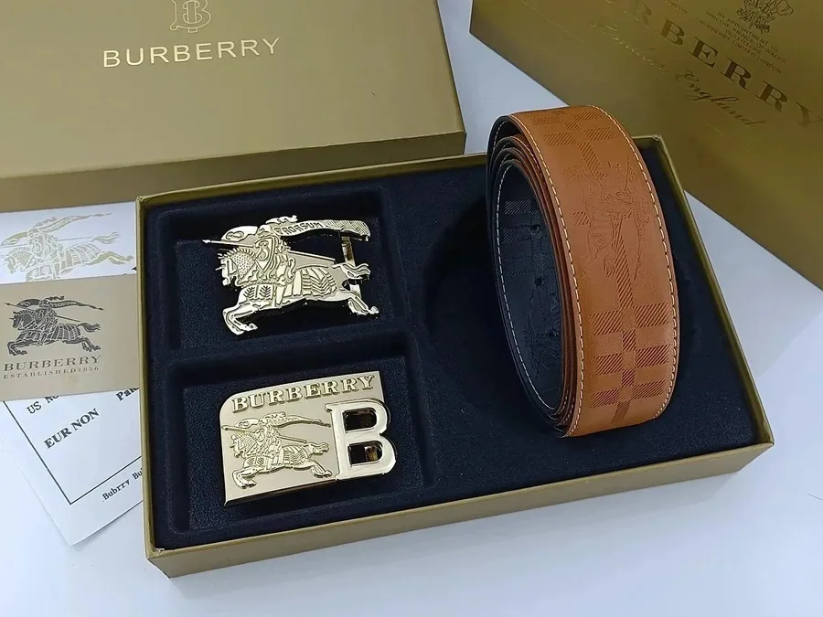 Burberry Equestrian Knight Belt with Interchangeable Buckles Tan Check — listing photograph