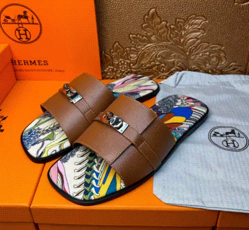 Hermès Oran Slide Sandals Brown Leather Multicolor Print — listing photograph