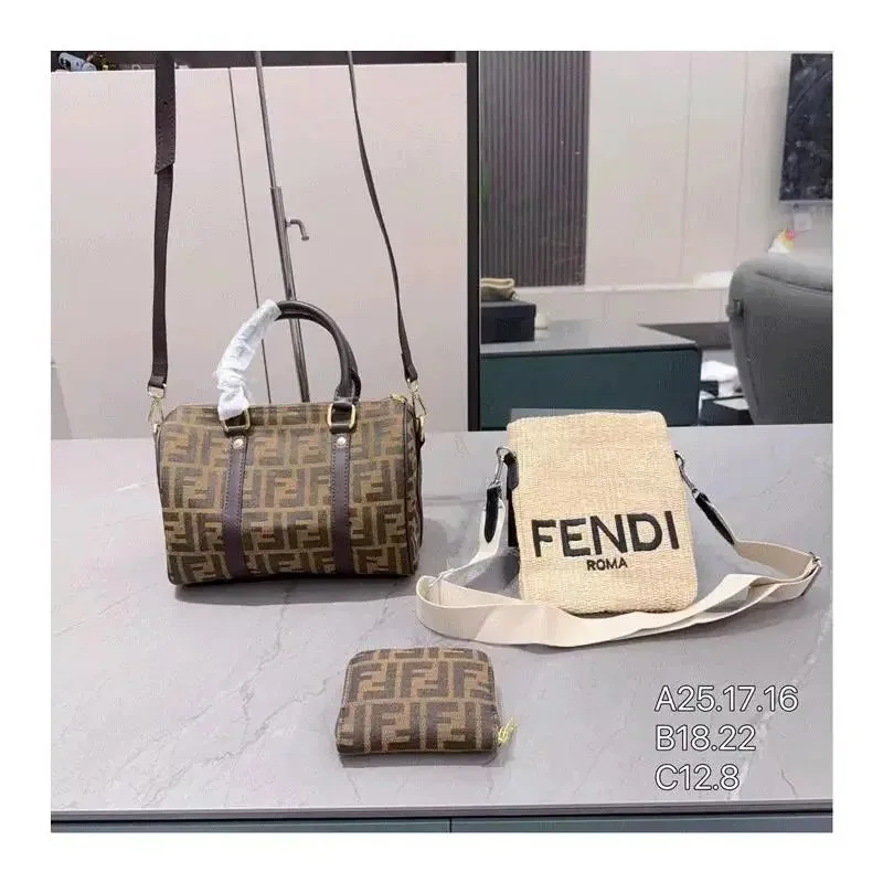 Fendi Zucca Pattern Boston Bag with Leather Trim Brown Beige — listing photograph