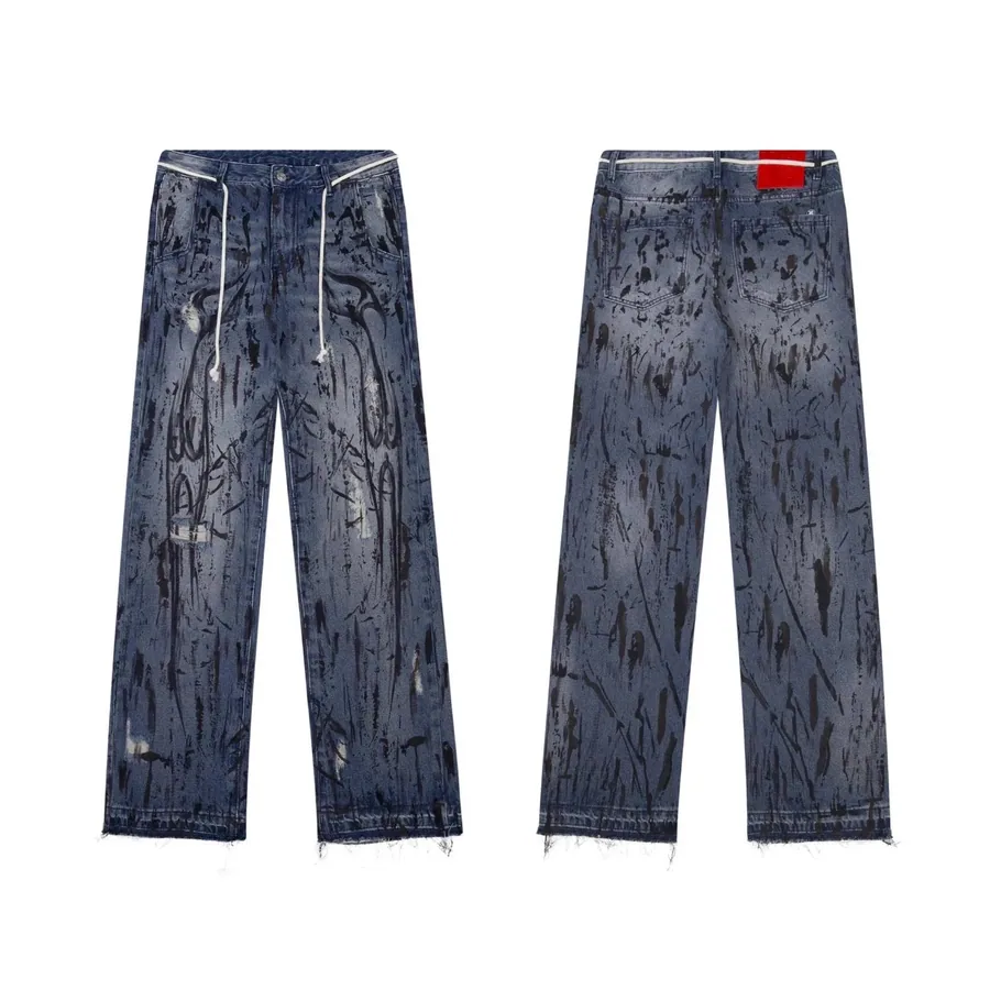 Distressed Paint-Splatter Denim Pants with Drawstring Waist — listing photograph