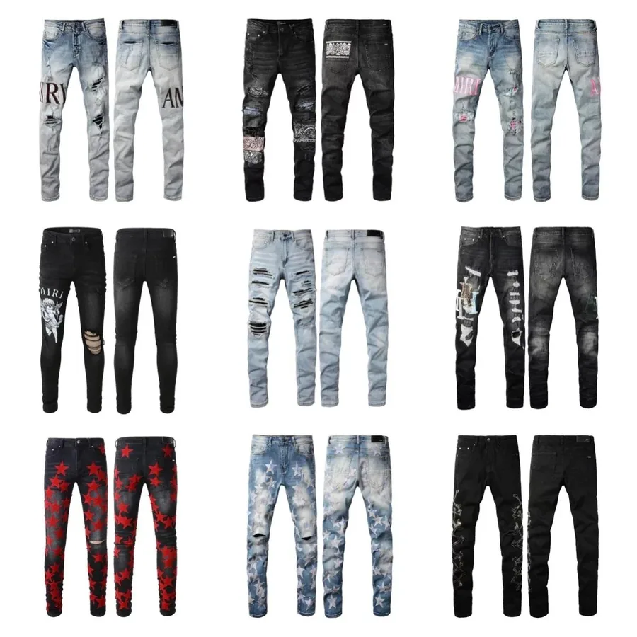Amiri Distressed Ripped Denim Jeans with Red Star Print — listing photograph