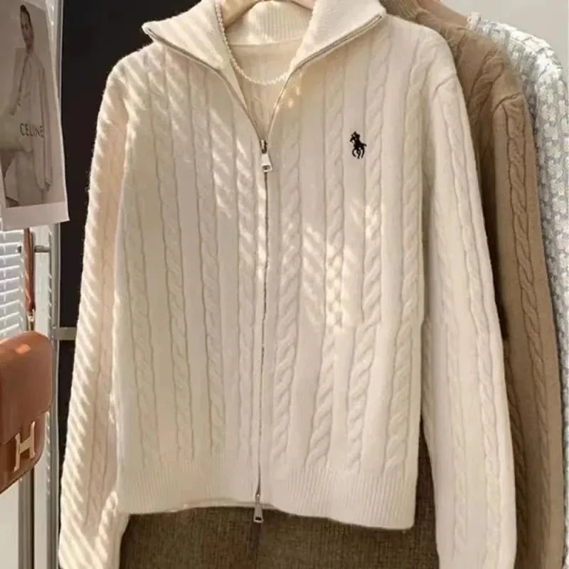Ralph Lauren Cable Knit Zip-Up Sweater - Ivory with Pony Logo — listing photograph