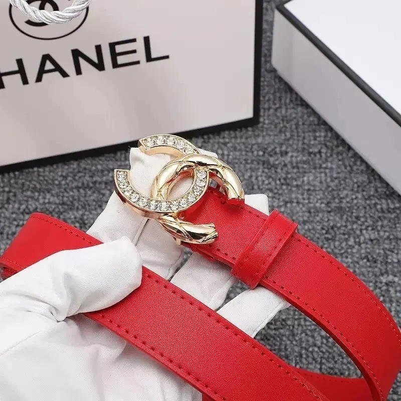 Chanel CC Logo Belt Red Leather with Crystal-Embellished Gold Buckle — listing photograph