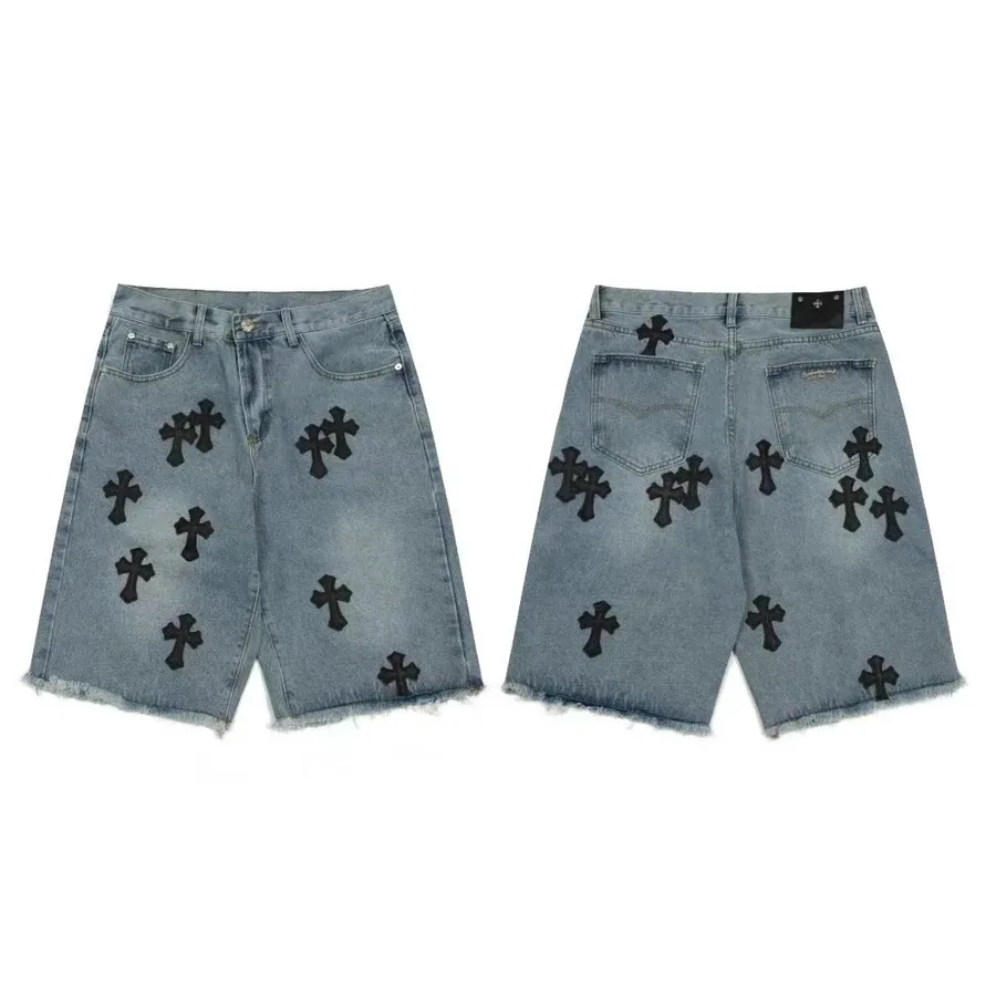Chrome Hearts Black Cross Embroidered Denim Shorts Light Wash — listing photograph