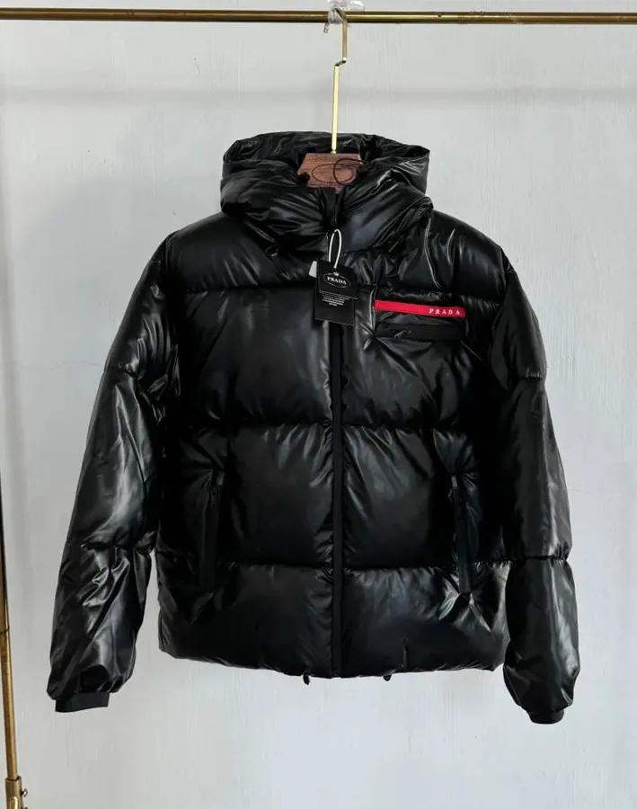 Prada Re-Nylon Puffer Jacket Black Glossy Hooded — listing photograph