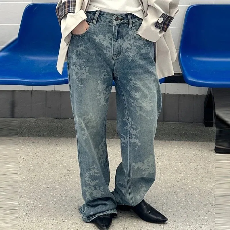 Floral Acid-Wash Wide-Leg Denim Jeans with Distressed Pattern — listing photograph