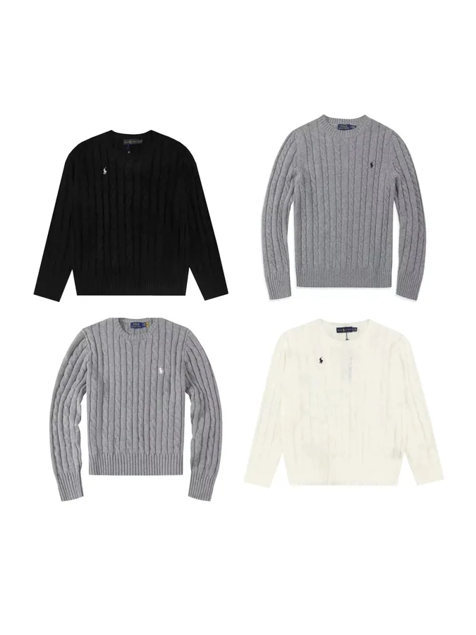 Ralph Lauren Cable Knit Crewneck Sweater - Black Gray Cream — listing photograph