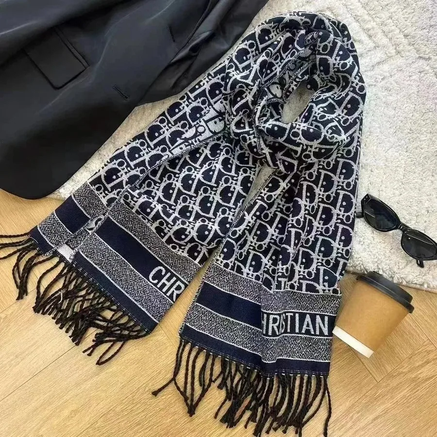 Dior Oblique Monogram Scarf Navy Blue with Fringe and Logo Band — listing photograph