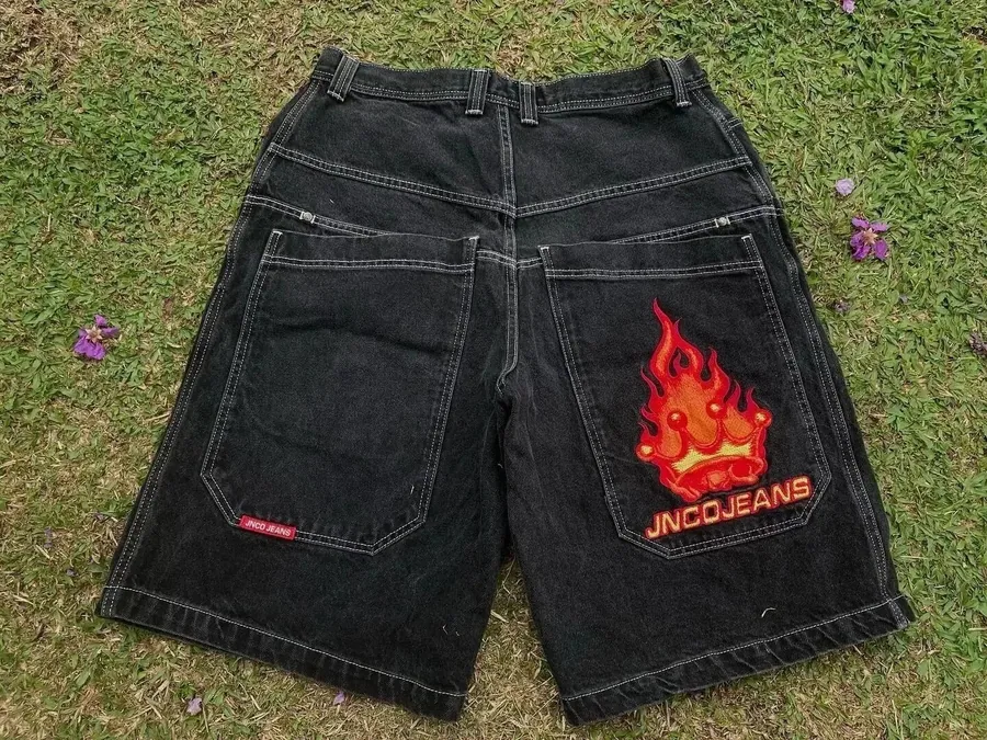 JNCO Jeans Black Denim Shorts with Flame Embroidery Patch — listing photograph