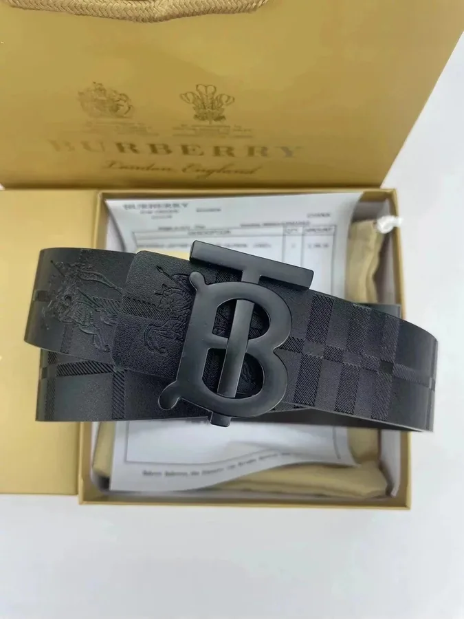 Burberry Black Check-Print Leather Belt with Monogram Buckle — listing photograph