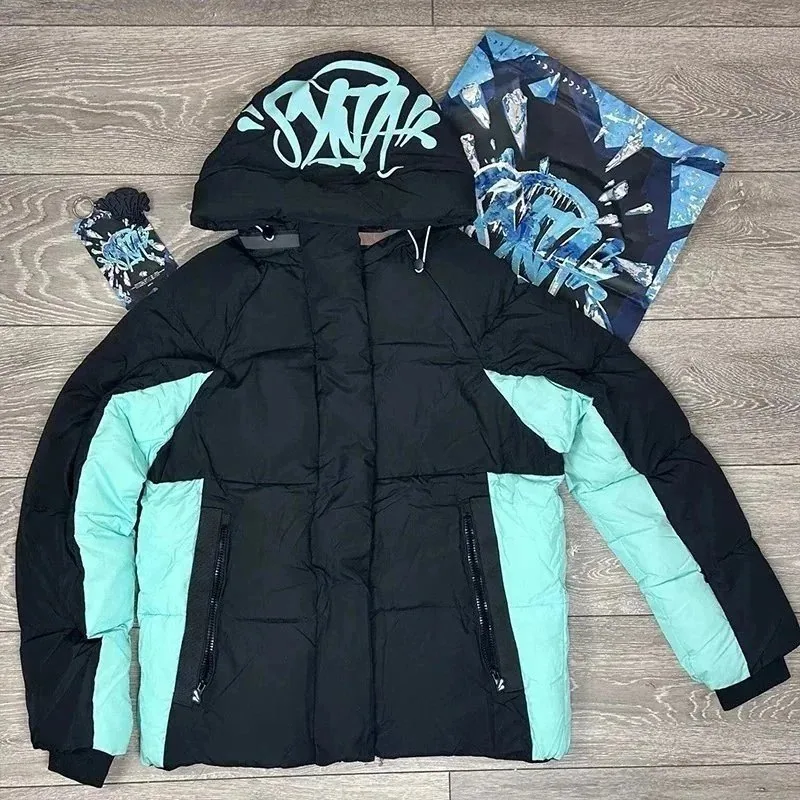 SYNTX Graffiti Hooded Puffer Jacket - Black/Mint Block Color — listing photograph