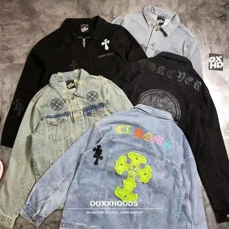 Chrome Hearts Neon Green Cross Denim Jacket Light Wash — listing photograph