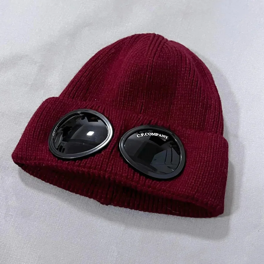 C.P. Company Goggle Beanie - Burgundy Ribbed Knit with Signature Lenses — listing photograph