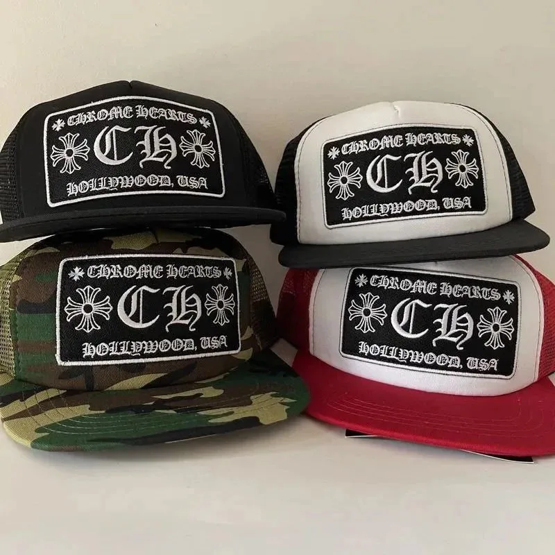 Chrome Hearts CH Logo Embroidered Trucker Hat - Black White Camo Red — listing photograph
