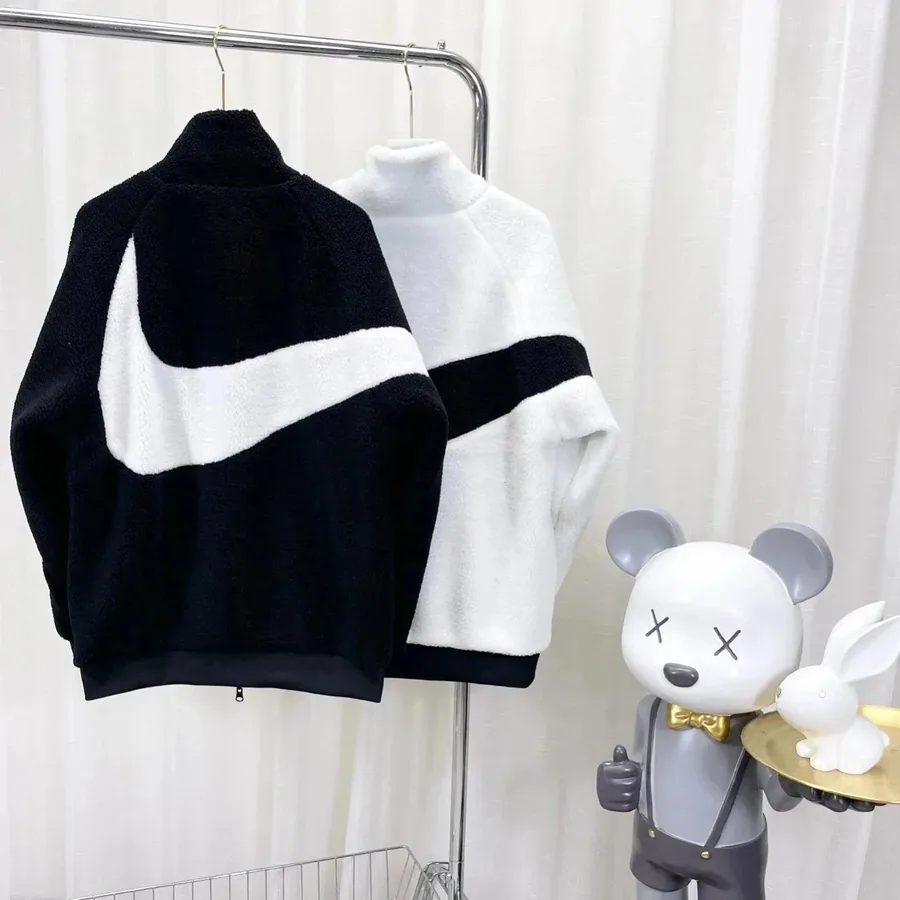 Nike Sherpa Fleece Jacket with Swoosh Logo - Black/White — listing photograph