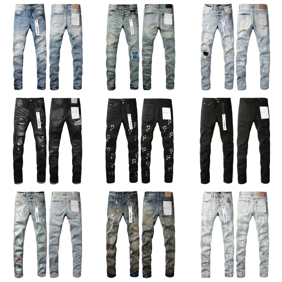Purple Distressed Ripped Slim Fit Denim Jeans with Paint Splatter — listing photograph