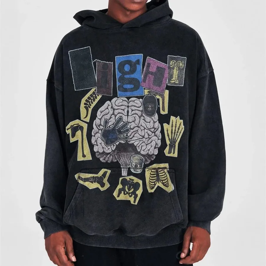 Dark Wash Hoodie with Anatomical Brain Graphic Print — listing photograph