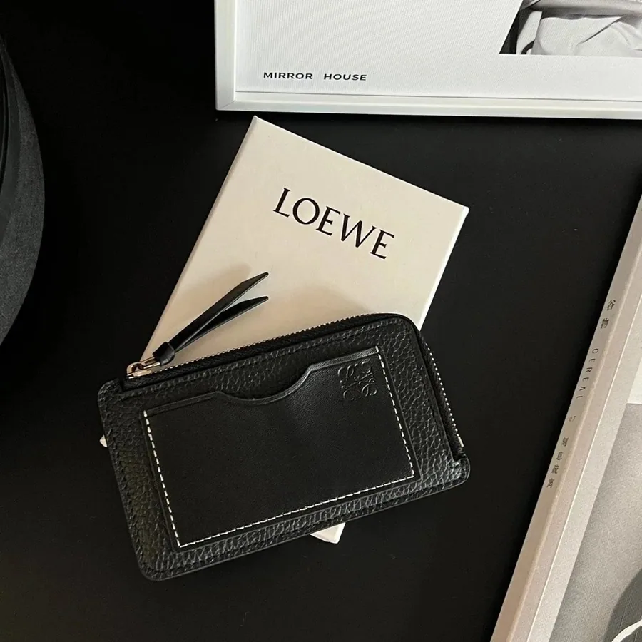 LOEWE Puzzle Zip Cardholder Black Grained Leather with White Stitching — listing photograph