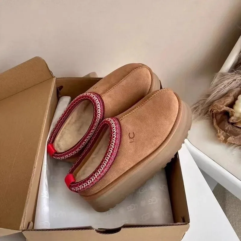 UGG Classic Mule Platform Slipper - Tan with Red Braided Trim — listing photograph