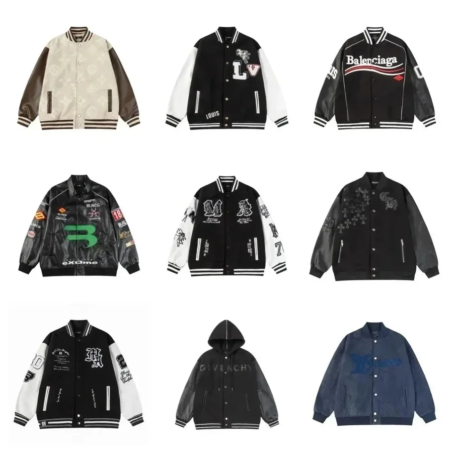 Balenciaga Black Leather Varsity Jacket with Red White Stripe — listing photograph