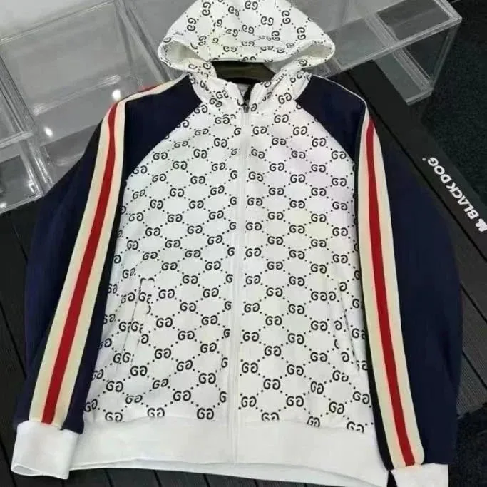 Gucci GG Monogram Hooded Jacket Navy White Red Stripes — listing photograph