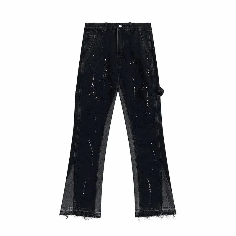 Black Distressed Paint-Splatter Denim Pants with Mesh Panels — listing photograph
