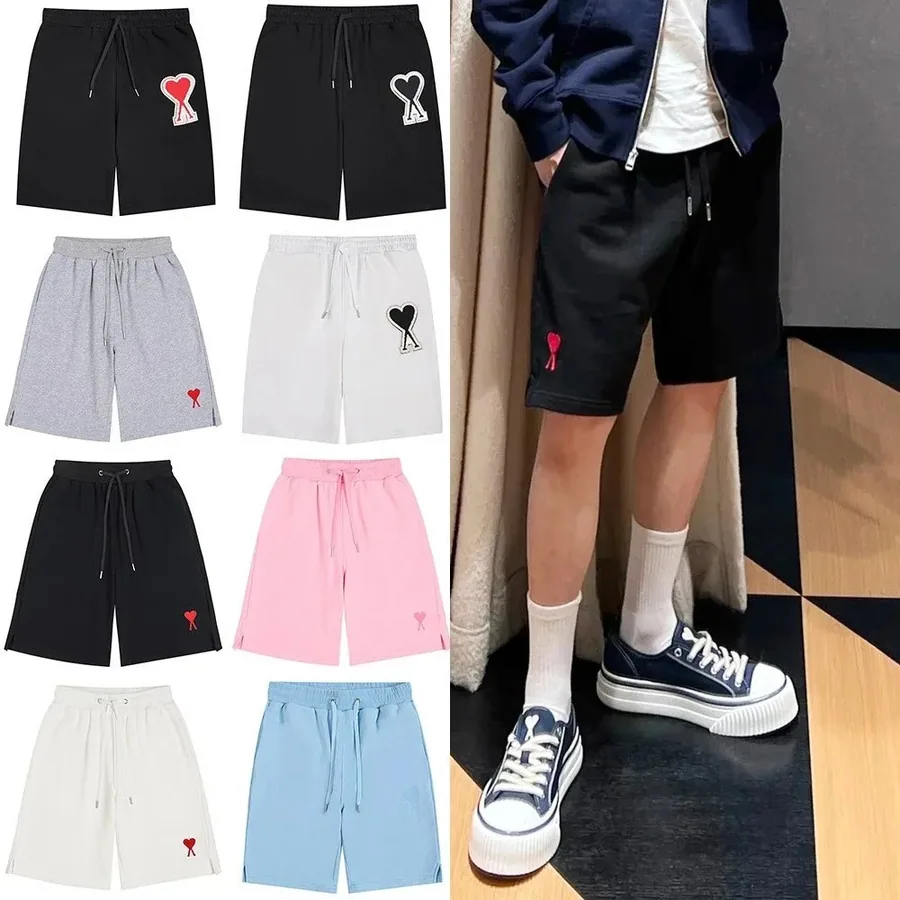 Ami Paris Heart Logo Drawstring Shorts - Black Red Embroidery — listing photograph