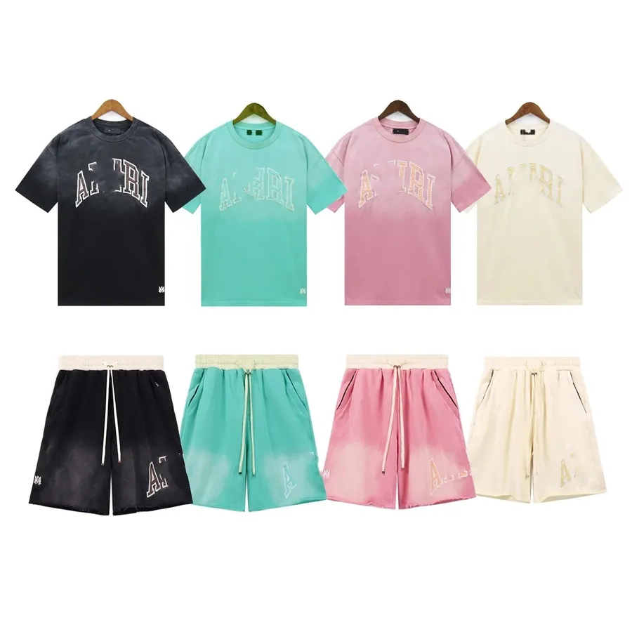Amiri Arch Logo Gradient T-Shirt and Shorts Set - Black Mint Pink Cream — listing photograph