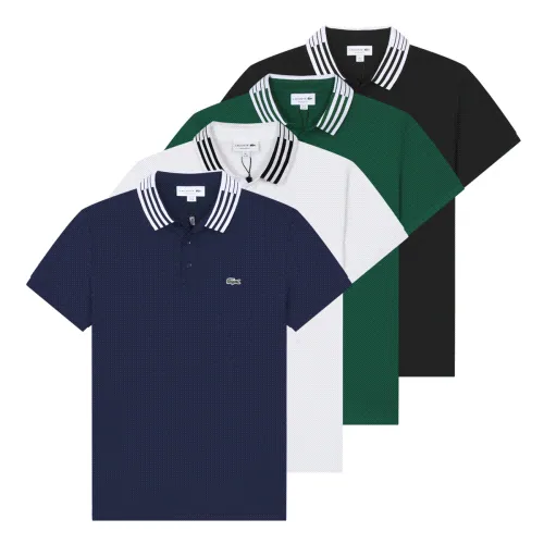 Lacoste Classic Polo Shirt Navy Blue Piqué with Striped Collar — listing photograph